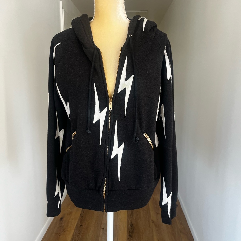 Aviator Nation Black Hoodie with White Lightning bolts.